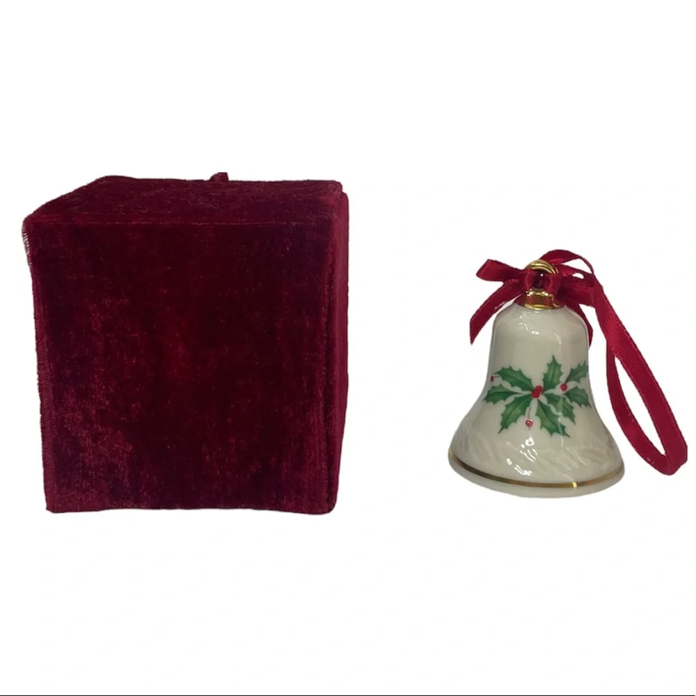 Vintage Christmas Ornament Lenox Bell Gold Trim Holly & Berries In Velvet Box